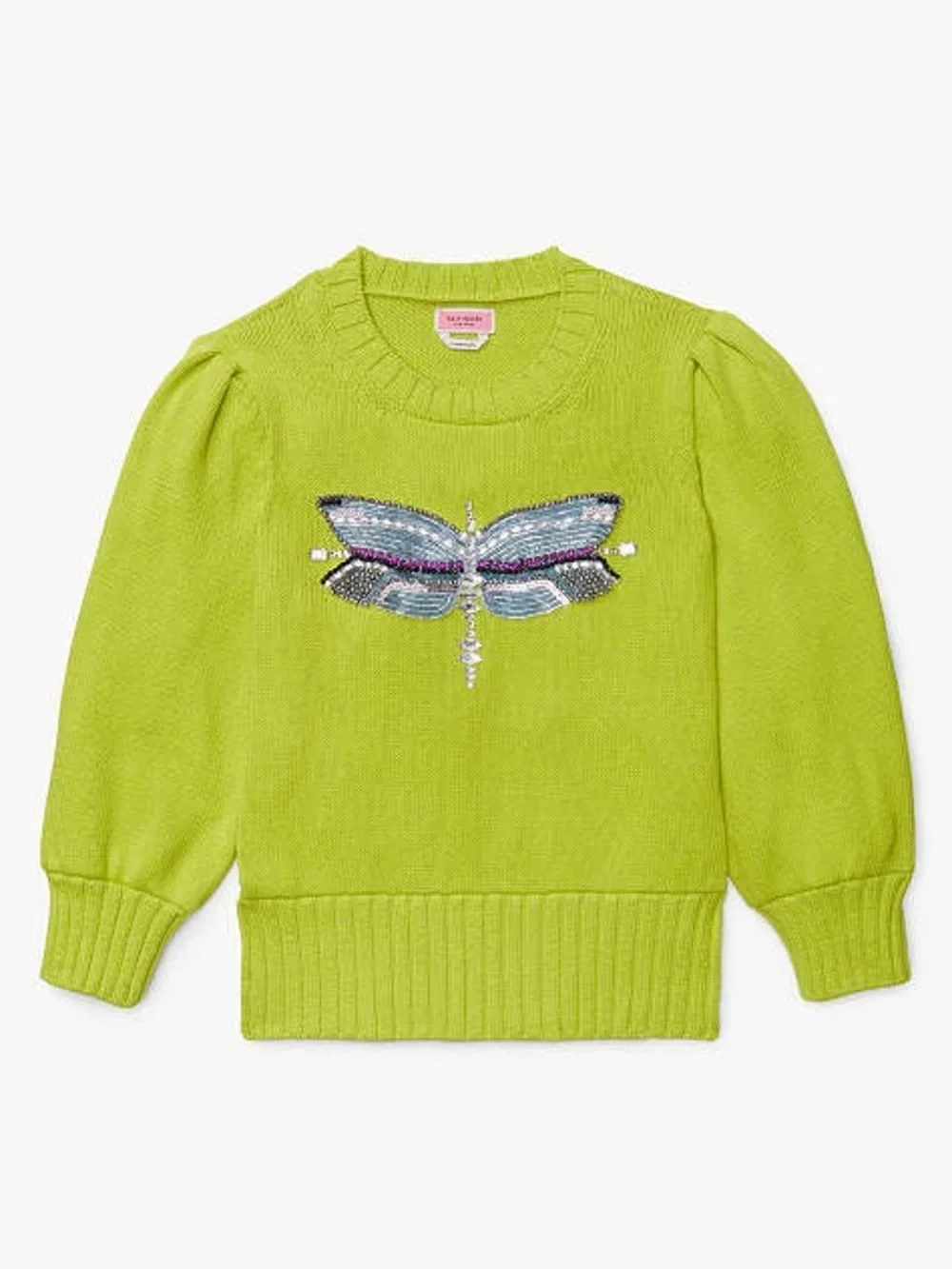 KATE SPADE Dragonfly Embellished Beaded Cotton Knit Sweater In Lime Zest - XS